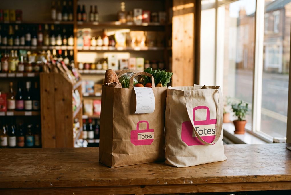 Filled paper and canvas Totesi bags packed and waiting on a shop counter for pickup.