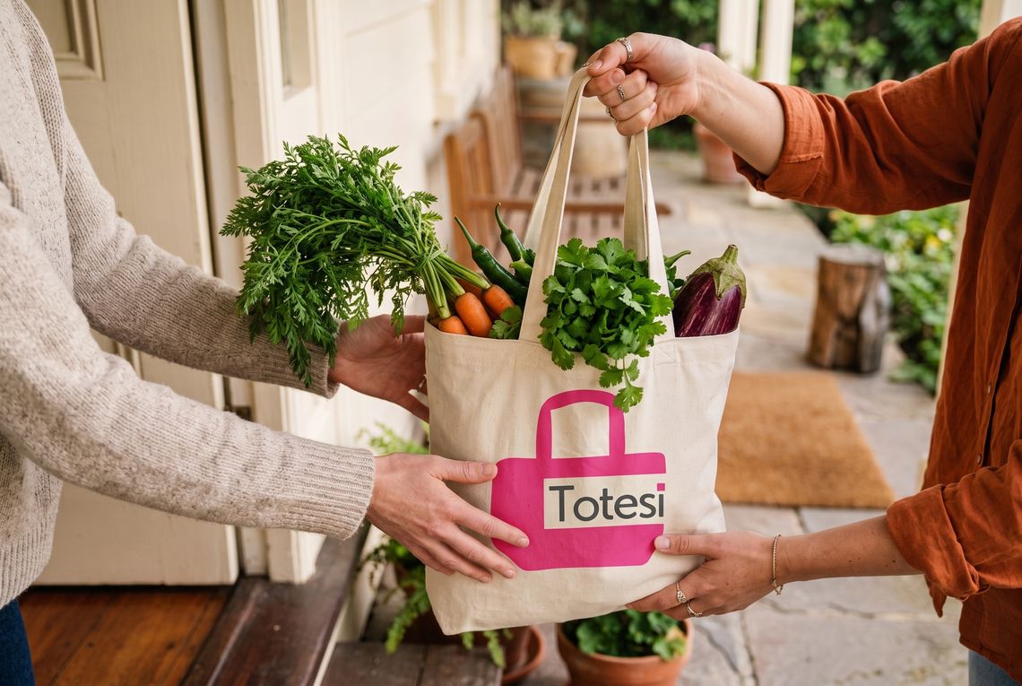Two people passing a pink Totesi tote bag full of groceries across a front doorstep.