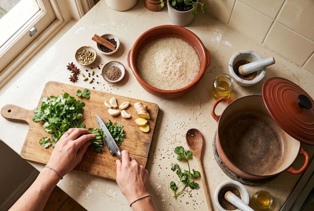 Overhead view of a kitchen counter set up for biryani: soaked rice, chopped coriander, garlic and ginger, and small bowls of whole spices.