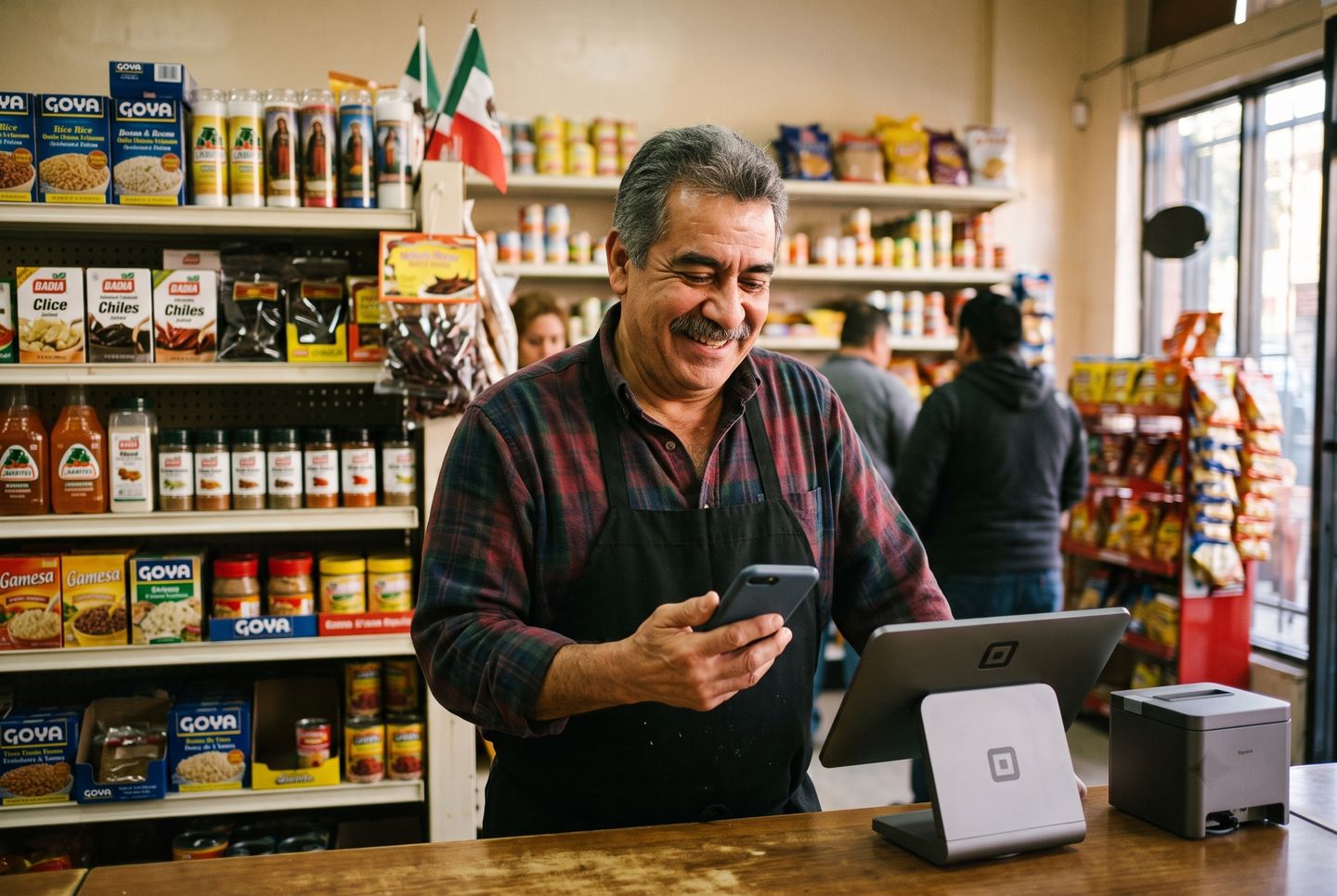 A grocery store owner smiling at his phone behind the counter of his own shop.
