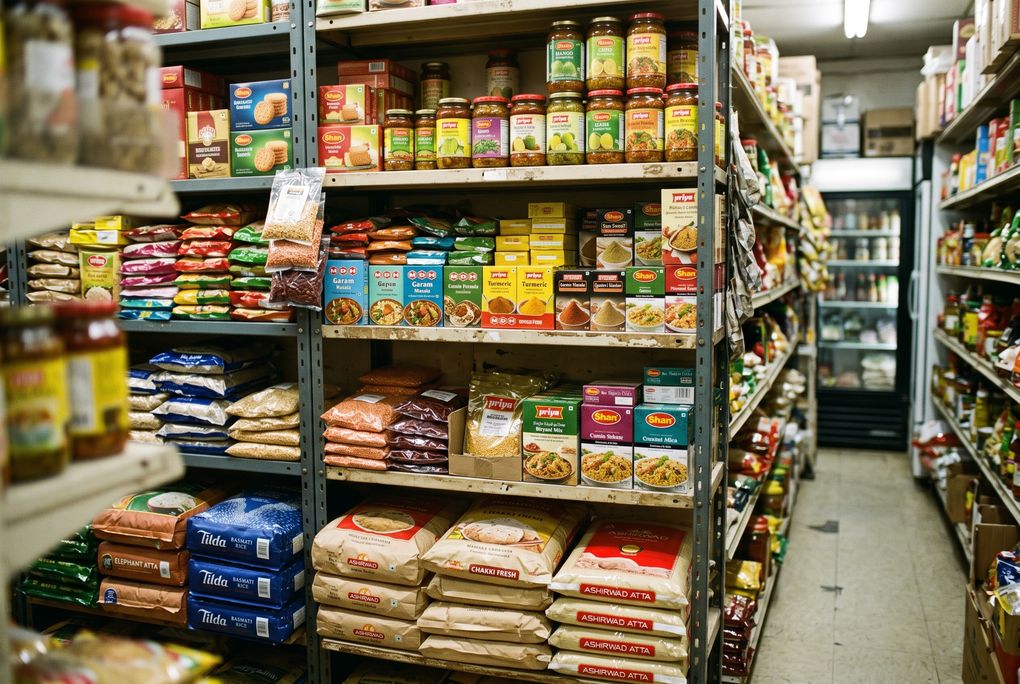 Packed shelves of rice, lentils, spice boxes and pickle jars in a South Asian grocery store.